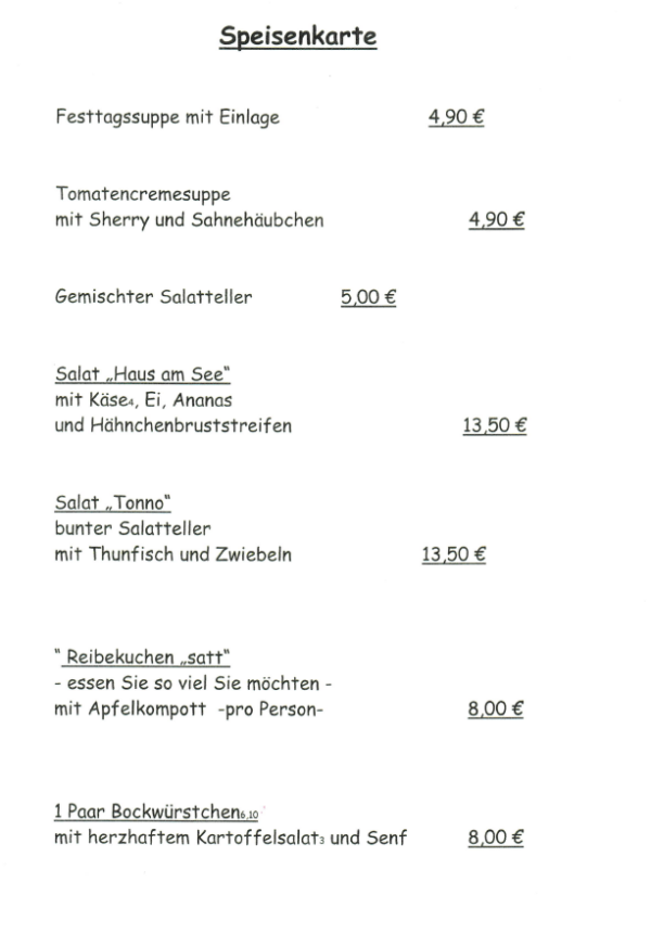 Speisekarte Haus am See