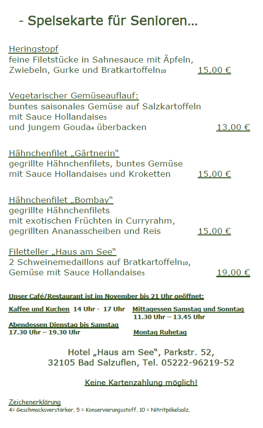 Speisekarte Haus am See